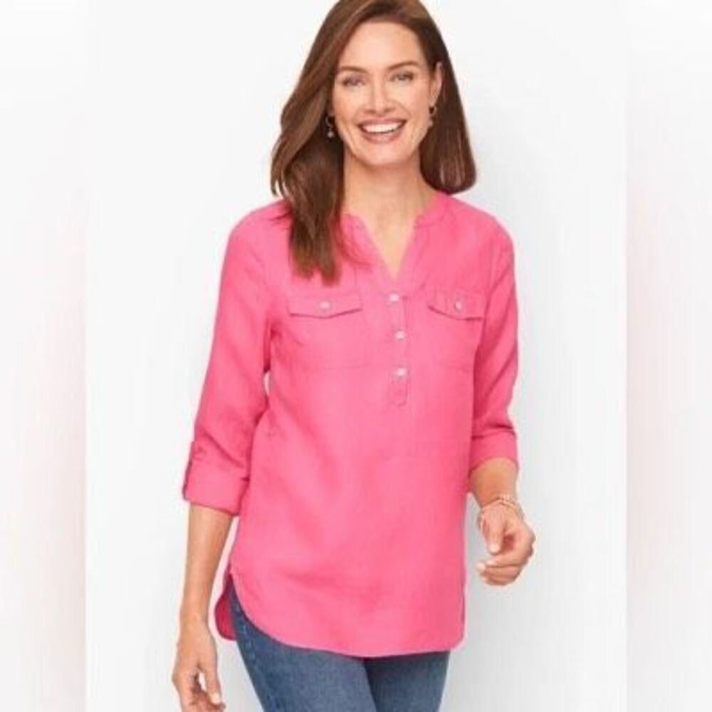 Talbots Plus 100% Linen Band Collar Popover Sz 2X Pink